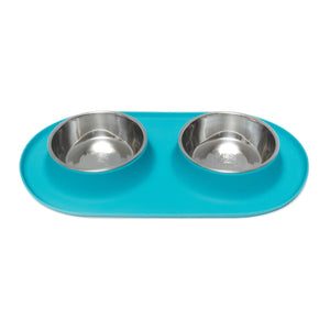 Messy Mutts Double Silicone Feeder with Stainless Bowls, Teal Blue