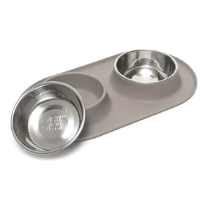 Messy Mutts Double Silicone Feeder with Stainless Bowls, Grey
