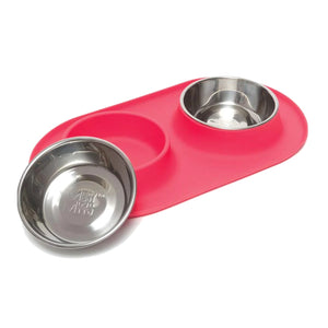 Messy Mutts Double Silicone Feeder with Stainless Bowls, Watermelon Pink