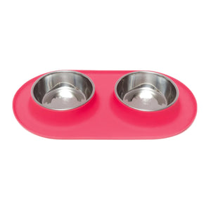 Messy Mutts Double Silicone Feeder with Stainless Bowls, Watermelon Pink