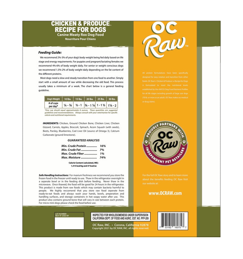 OC Raw Chicken & Produce Meaty Rox (Bite-Size) Frozen Raw Dog Food 3lb ...