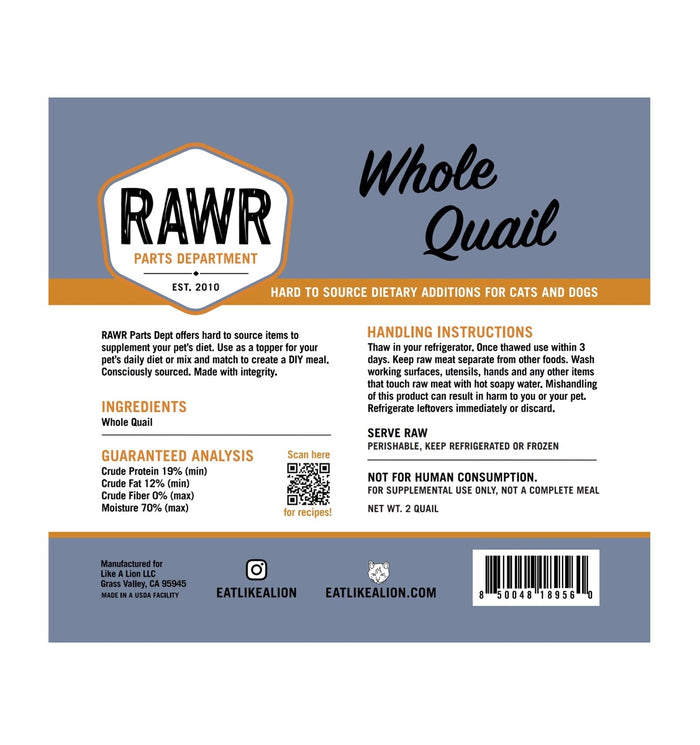 Rawr Frozen Raw Whole Quail for Dogs & Cats (6 count)